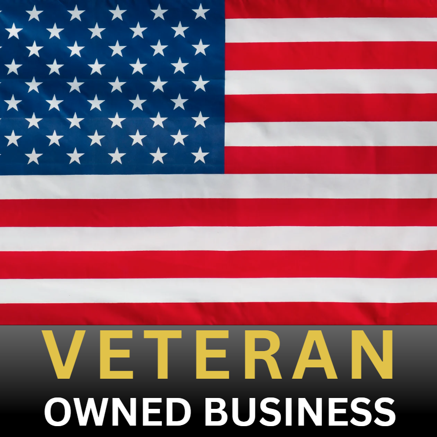 us flag with text saying Veteran owned business