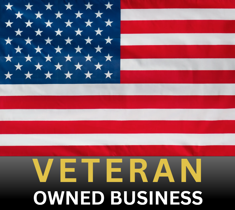 us flag with text saying Veteran owned business